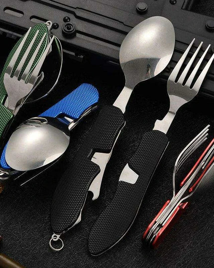 Multi-Functional Outdoor Dining Utensil Set: Fork, Spoon, Knife & Bottle Opener for Campers and Hikers