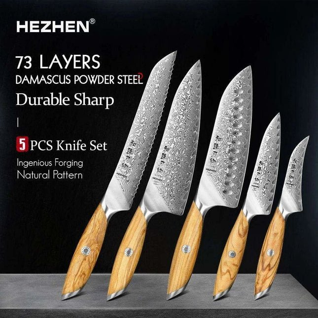Luxury 73-Layer Damascus Steel Chef's Knife Set with Olive Wood Handles - Ideal for Gifting