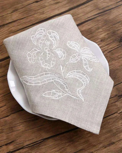 Iris Blossom Embroidered Linen Napkin Collection - Luxurious European Flax Tableware
