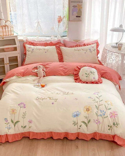 Pastoral Elegance: Embroidered Floral Cotton Bedding Set with Ruffled Details - Duvet Cover, Flat & Fitted Sheets, Pillowcases