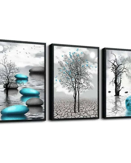Elegant Blue Abstract Canvas Art Trio with Sleek Black Frames - 3-Piece Set, 20x28 inches Each