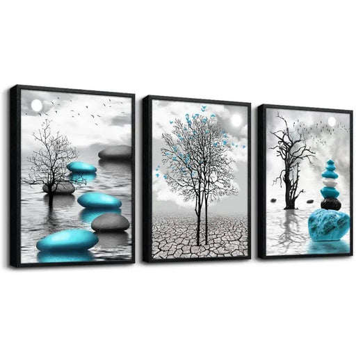 Elegant Blue Abstract Canvas Art Trio with Sleek Black Frames - 3-Piece Set, 20x28 inches Each