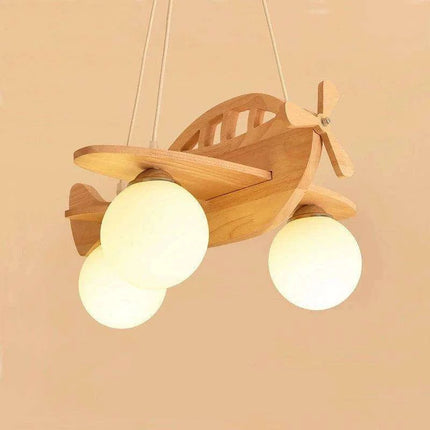 Whimsical Airplane LED Chandelier for Kids' Rooms - Playful Wooden Pendant Light