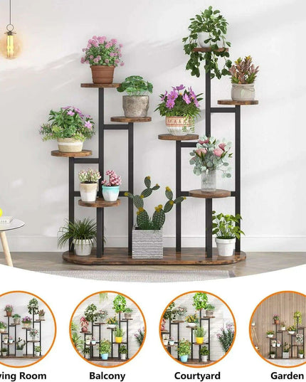 11-Pot Wooden Plant Stand Shelf - Vertical Space Maximizing Flower Organizer