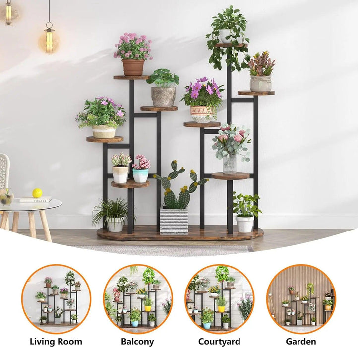11-Pot Wooden Plant Stand Shelf - Vertical Space Maximizing Flower Organizer