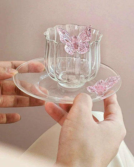 Charming Pink Bow Glass Cup and Saucer Set - 150ml Kids' Drinkware Gift