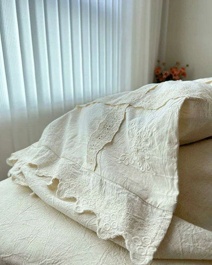 French Vintage Elegant Cotton Linen Lace Duvet Cover and Sheet Set - 4 Piece Collection