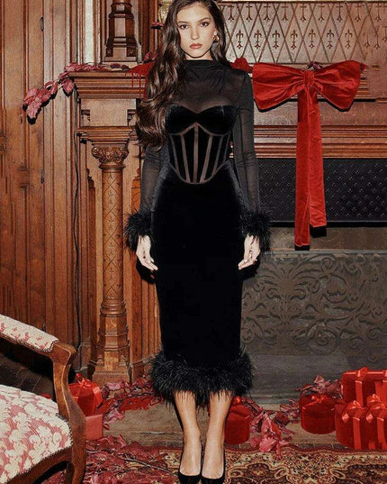 Chic Backless Midi Dress with Feather Details for Trendsetting Women