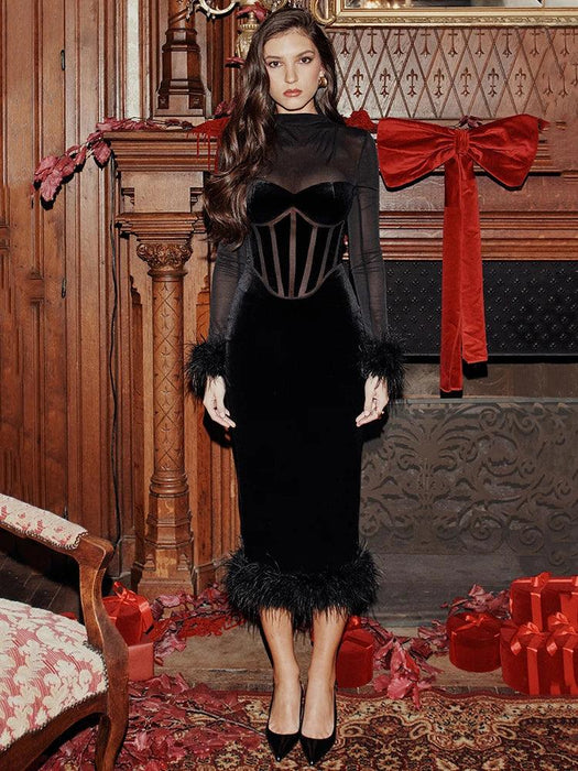 Chic Backless Midi Dress with Feather Details for Trendsetting Women