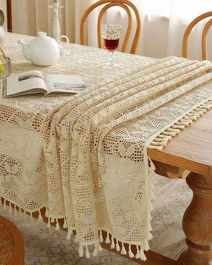 Rustic Elegance Handcrafted Crochet Beige Table Cover - Perfect for Dining, Bridal Celebrations, and Home Decor