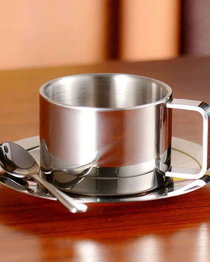 Elegant Double-Walled Stainless Steel Coffee Cup Set with Saucer and Spoon - Perfect Gift for Coffee Lovers