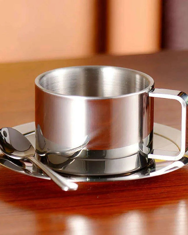 Elegant Double-Walled Stainless Steel Coffee Cup Set with Saucer and Spoon - Perfect Gift for Coffee Lovers