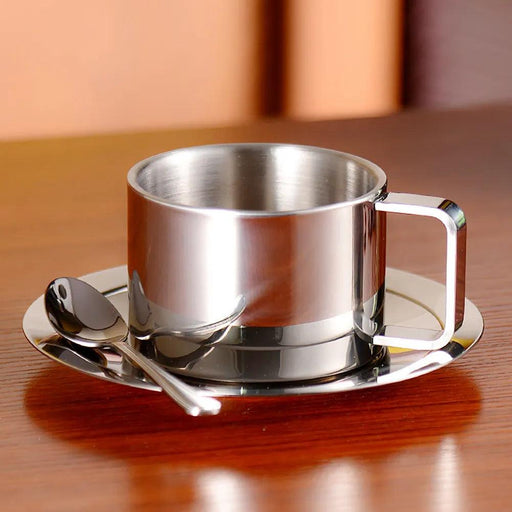 Stainless Steel Double Walled Coffee Cup Set with Saucer Spoon - Elegant Kitchen Accessories