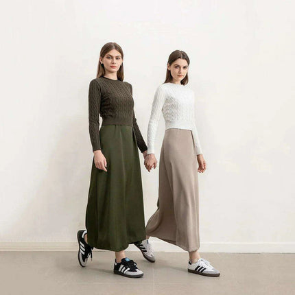 Autumn-Winter Women's Cableknit Sweater and Satin Dress in Five Colors