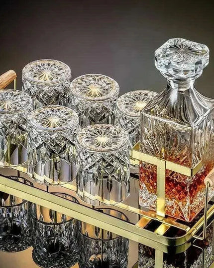 Artisan Crystal Wine and Whiskey Glass Set with Stylish Display Rack