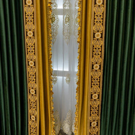Dark Green Velvet Blackout Curtains with Embroidery — European Lace, Custom Width