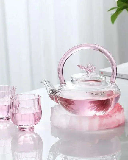 Elegant 700ml Clear Pink Iris Pyrex Teapot - The Perfect Addition to Your Tea Ceremony