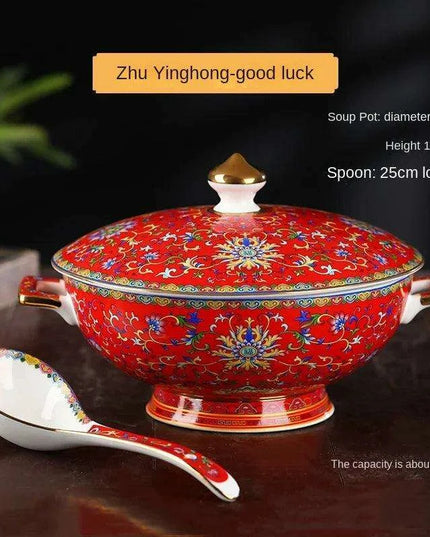 Authentic Elegant Under-glazed Ceramic Soup Pot with Lid and Spoon - Large Round Design with Gold Accents for Chinese Dining and Decor