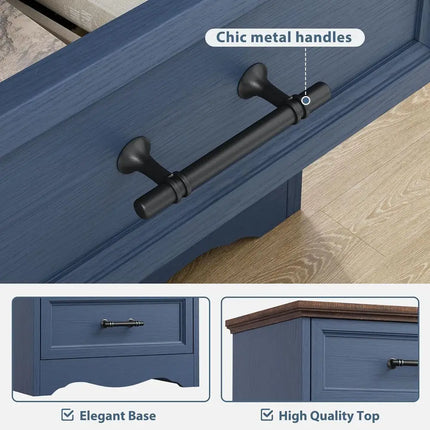 Blue Farmhouse Nightstand with Charging Station — 3-Drawer Bedside End Table, USB & AC Outlets