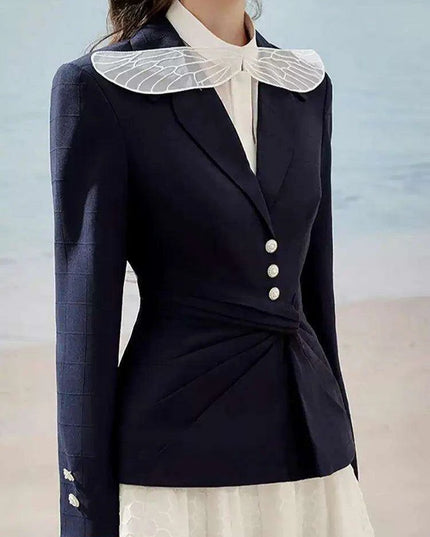 Sleeveless Blazer with Lace Long Skirt and Elegant Hollow Out Details