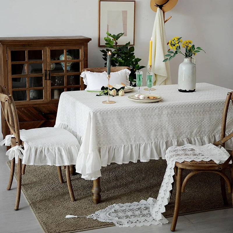 YRZHANG White Cotton Tablecloth with Ruffled Lace, Washable Wedding De