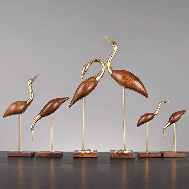 Wooden Crane Bird Sculpture with Brass Accents — Home Décor Figurine