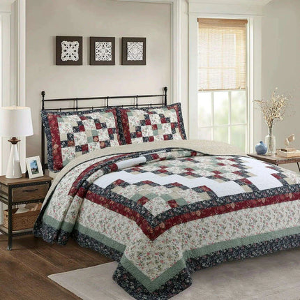 Reversible Floral and Plaid Quilt Set for California King - 100% Cotton Bedspread with Pillow Covers, Easy Care