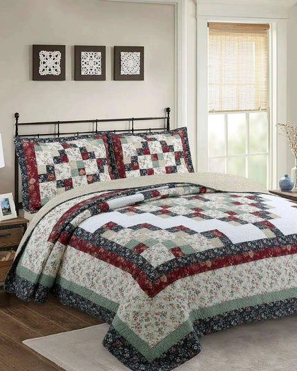 Reversible Floral and Plaid Quilt Set for California King - 100% Cotton Bedspread with Pillow Covers, Easy Care