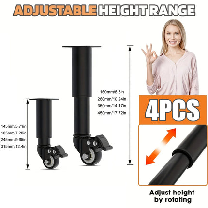4pcs Metal Extendable Furniture Legs with Casters, Table Legs,with He
