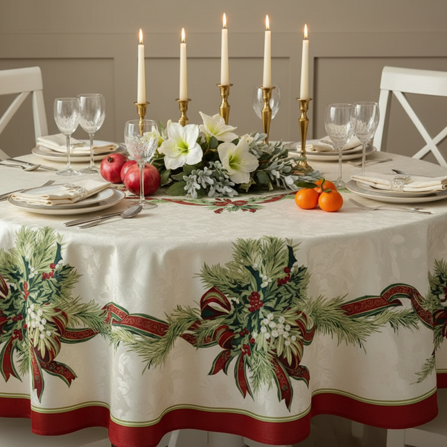 Christmas Ribbons Printed Tablecloth — 70" Round Festive Table Cover