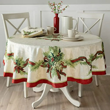 Christmas Ribbons Printed Tablecloth — 70" Round Festive Table Cover