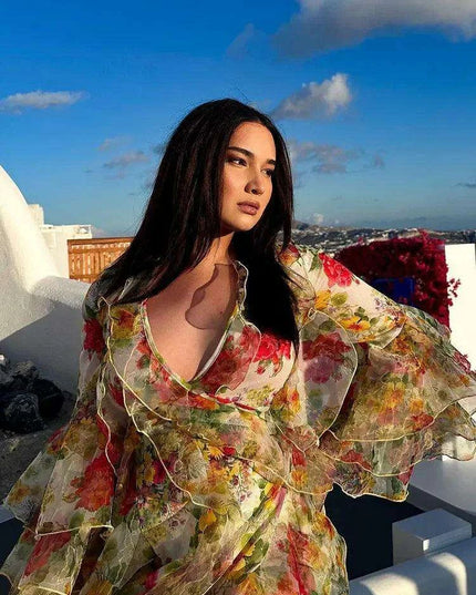 Bohemian Summer Floral V-Neck Dress with Ruffles