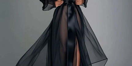 QINGSHUJI Elegant Vintage Sheer Mesh Maxi Dress with Split Hem