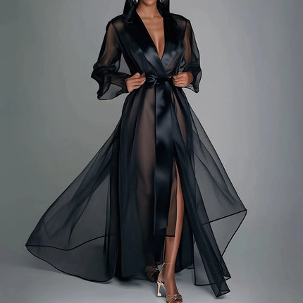 QINGSHUJI Elegant Vintage Sheer Mesh Maxi Dress with Split Hem
