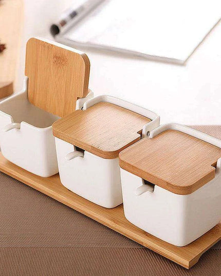 Chic European Ceramic Spice Storage Set with Salt Box & Condiment Organizer