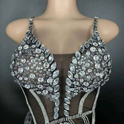 Sparkling Black Rhinestone Mini Dress with Playful Fringe