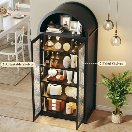 71" Tall Arched Cabinet with LED Lights | Glass Door Pantry Storage Cabinet