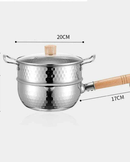 Japanese Stainless Steel Snow Pan with Ergonomic Wooden Handle and Lid - Perfect for Stewing, Frying, and Milk Heating