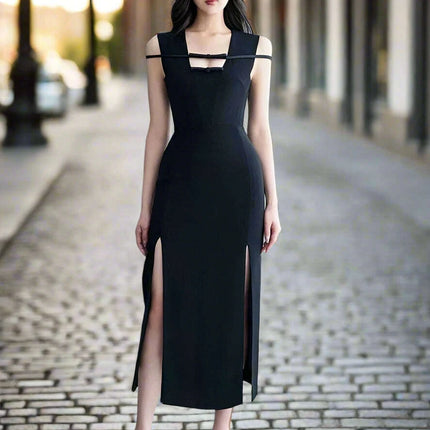 Elegant Black Sleeveless Evening Dress with Bow Detail and High Slit