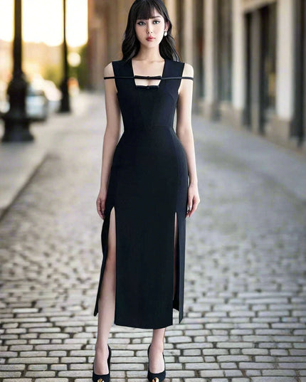 Elegant Black Sleeveless Evening Dress with Bow Detail and High Slit