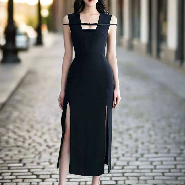 Elegant Black Sleeveless Evening Dress with Bow Detail and High Slit