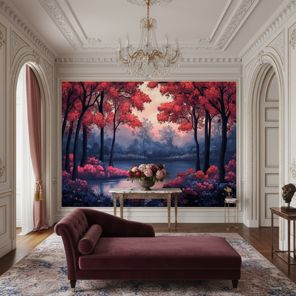 Mountain Lake Cherry Blossom 3D Mural Wallpaper