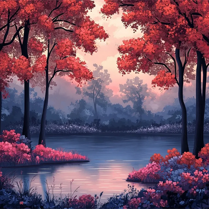 Mountain Lake Cherry Blossom 3D Mural Wallpaper