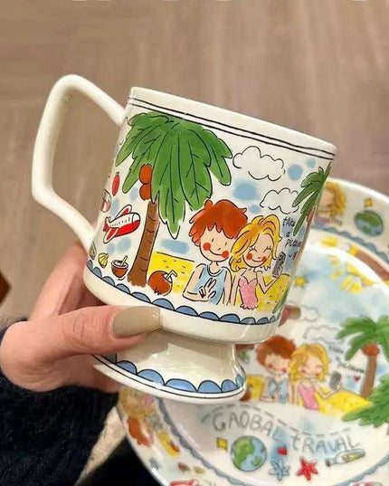 Whimsical Handcrafted French Coffee Cup and Saucer Set for Kids - Adorable Cartoon Design, Ideal for Breakfast and Tea Gifts