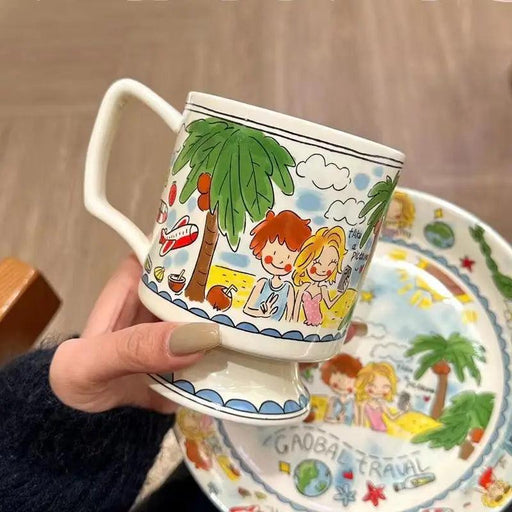 Whimsical Handcrafted French Coffee Cup and Saucer Set for Kids - Adorable Cartoon Design, Ideal for Breakfast and Tea Gifts