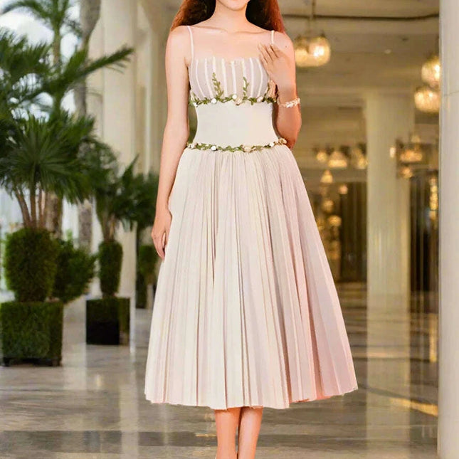 Stylish Pleated Camisole Dress with Floral Details