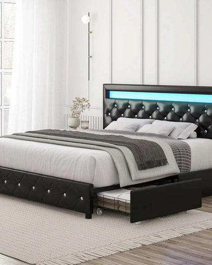 Luxurious LED Velvet Platform Bed with Versatile Storage and Elegant Tufted Finish - Transform Your Bedroom into a Stylish Retreat