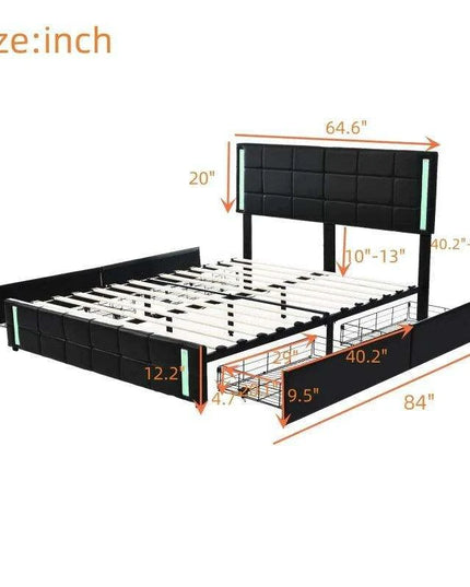 Luxurious Queen Bed with Smart LED Lighting, USB Charging, and Spacious Storage Options