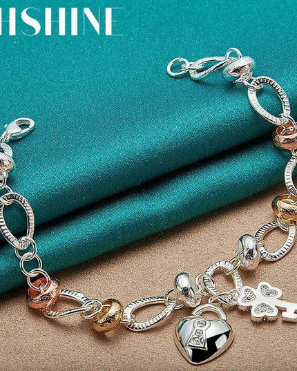 Radiant 925 Sterling Silver Heart Lock Clover Bracelet with Dazzling Zircon Stones