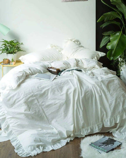 Romantic Vintage White Ruffled King Duvet Cover Set - 100% Cotton Lace Bedding 4pcs
